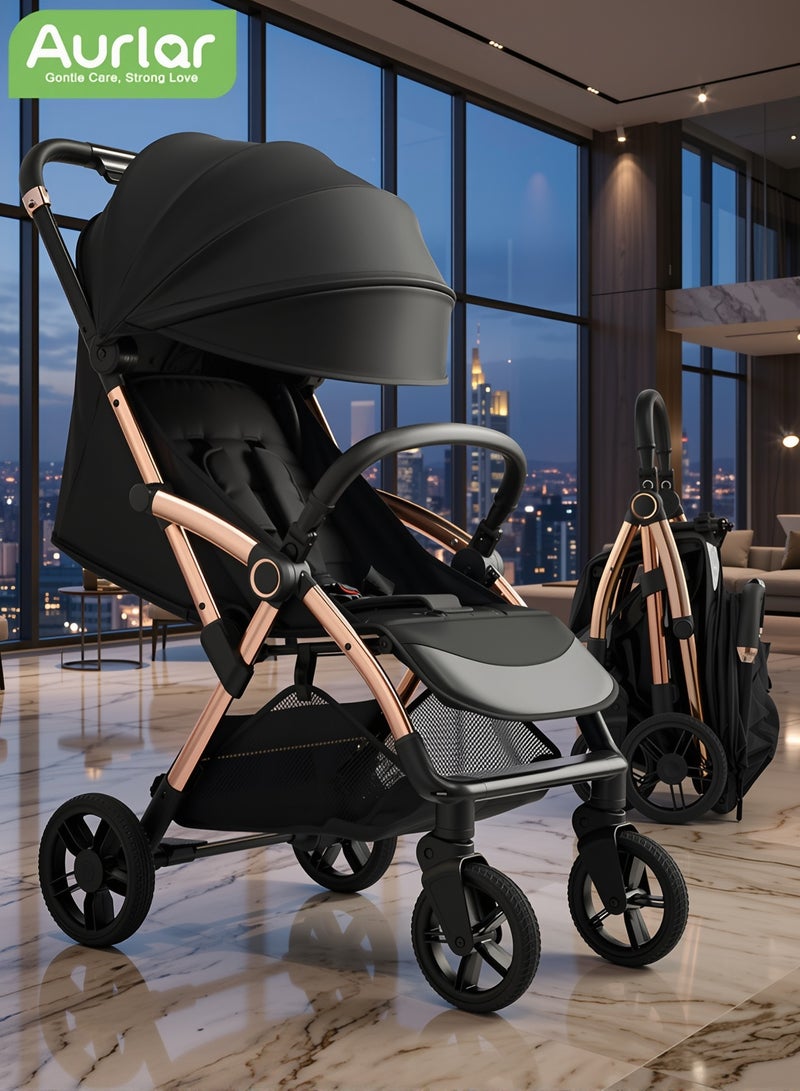 Aurlar Luxury Travel Baby Stroller with One-Hand Auto Fold, Cabin Size for Airplane Travel, Full Recline Seat, 4-Wheel Suspension, UPF50+ Canopy, Large Storage Basket for Newborn to 4 Years - Image 1