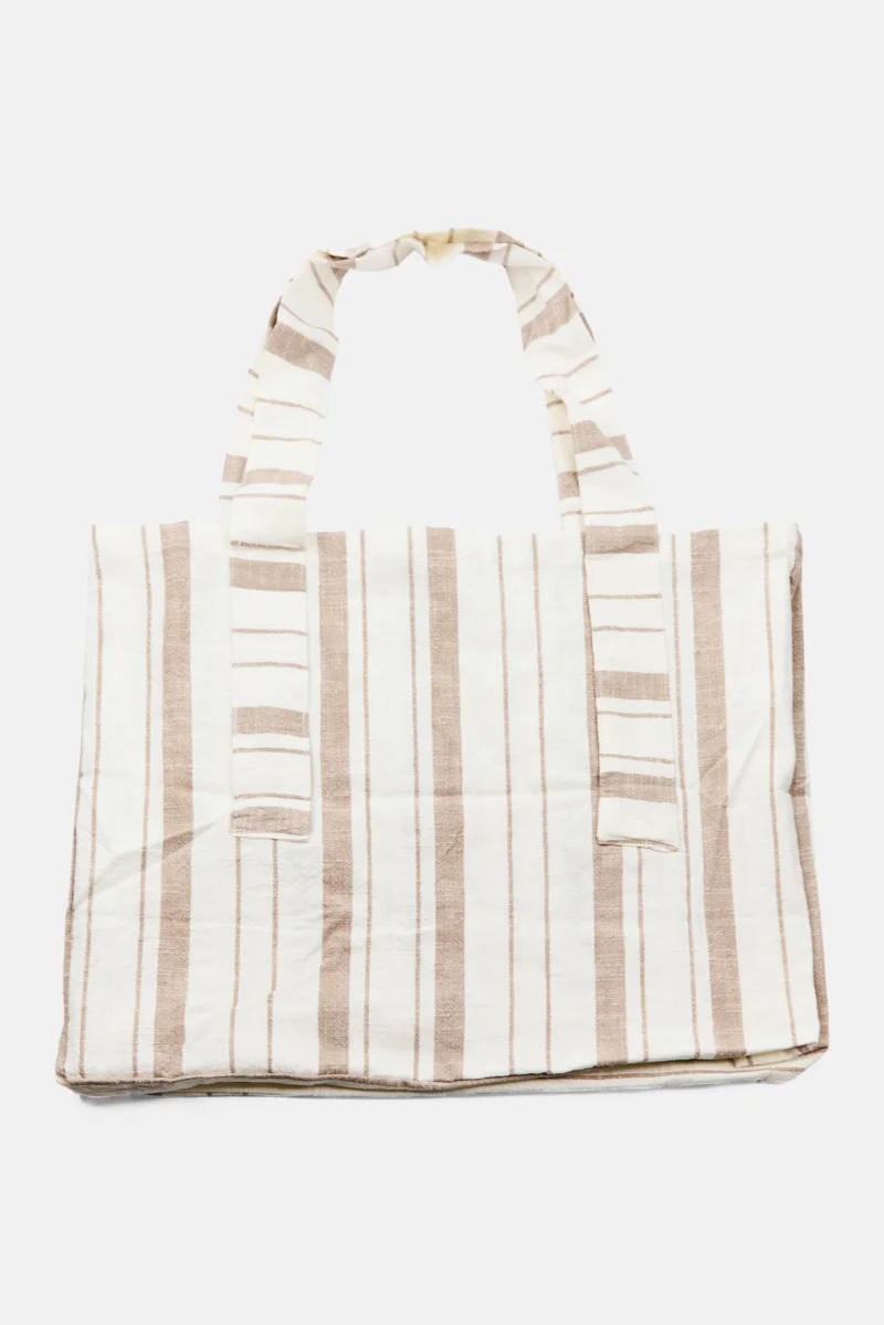 موي موتشو حقيبة تسوق نسائية مخططة كبيرة 54 × 40 × 14 سم، أوف وايت