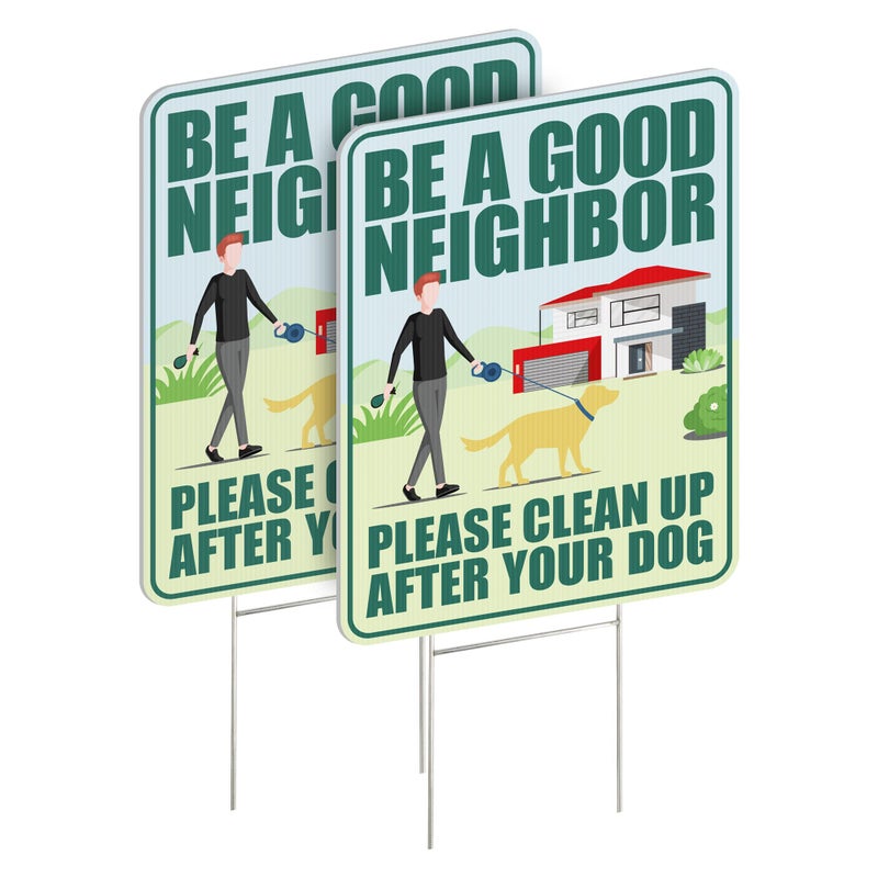 LARREEDE Clean Up After Your Dog Signs 2 Pack 12"x9" with Metal Stake, No Pooping Signs for Yard, Pick Up After Your Dog Signs - Image 1