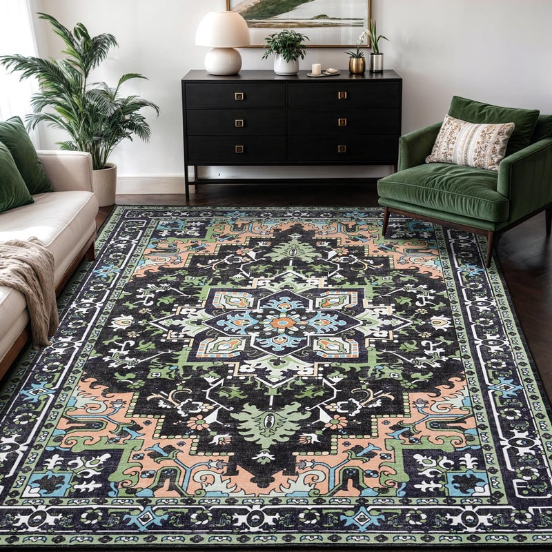 Lofus 5x7 Area Rugs, Vintage Washable Area Rug for Living Room, Floral Boho Area Rugs for Bedroom, Office, Non-Slip Colorful Rug, Traditional Vintage Style, Plush Low-Pile Soft Carpet, Dark Green - Image 1