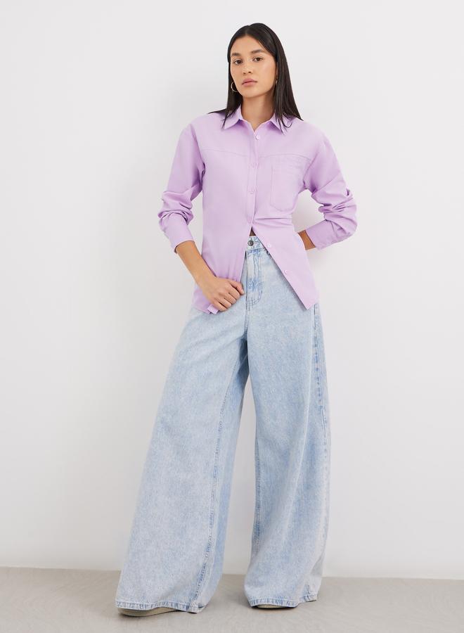 Styli Lilac High-Low Hem Plain Collared Shirt - Image 3