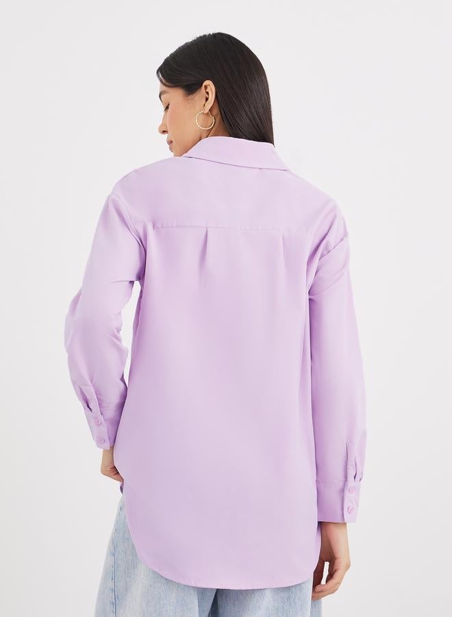 Styli Lilac High-Low Hem Plain Collared Shirt - Image 5
