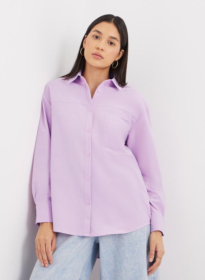 Styli Lilac High-Low Hem Plain Collared Shirt - Image 1