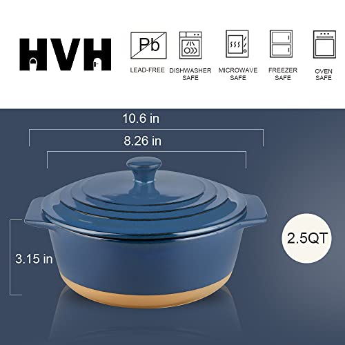 HVH Ceramic Casserole Dish with Lid Oven Safe, 2 Quart Round Casserole Dish Set, 9 Inches Round Baking Dish with Lid Oven Safe, Deep Baking Dishes for Oven with Lids for Party, Farmhouse Style (Blue) - Image 4