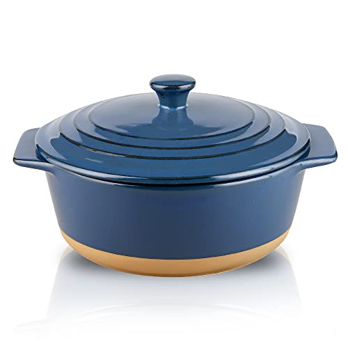 HVH Ceramic Casserole Dish with Lid Oven Safe, 2 Quart Round Casserole Dish Set, 9 Inches Round Baking Dish with Lid Oven Safe, Deep Baking Dishes for Oven with Lids for Party, Farmhouse Style (Blue) - Image 1