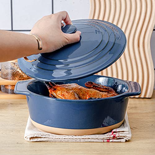 HVH Ceramic Casserole Dish with Lid Oven Safe, 2 Quart Round Casserole Dish Set, 9 Inches Round Baking Dish with Lid Oven Safe, Deep Baking Dishes for Oven with Lids for Party, Farmhouse Style (Blue) - Image 2
