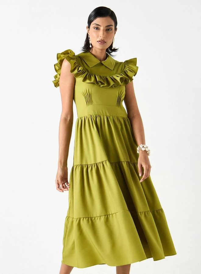 2Xtremz 2Xtremz Tiered Midi A-line Sleeveless Dress with Collar and Ruffle Detail