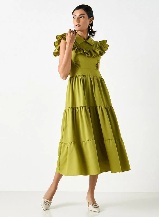 2Xtremz 2Xtremz Tiered Midi A-line Sleeveless Dress with Collar and Ruffle Detail
