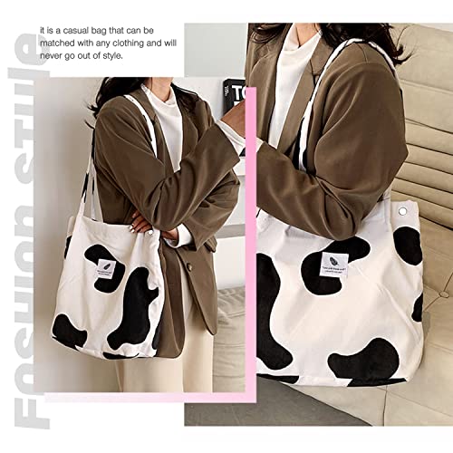 LHMTQVK Corduroy Tote Bags for Women Girls, Large Capacity Corduroy Bag Reusable Grocery Shoulder Bag with Inner Pockets (cow) - Image 5