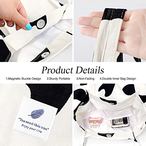 LHMTQVK Corduroy Tote Bags for Women Girls, Large Capacity Corduroy Bag Reusable Grocery Shoulder Bag with Inner Pockets (cow) - Image 4