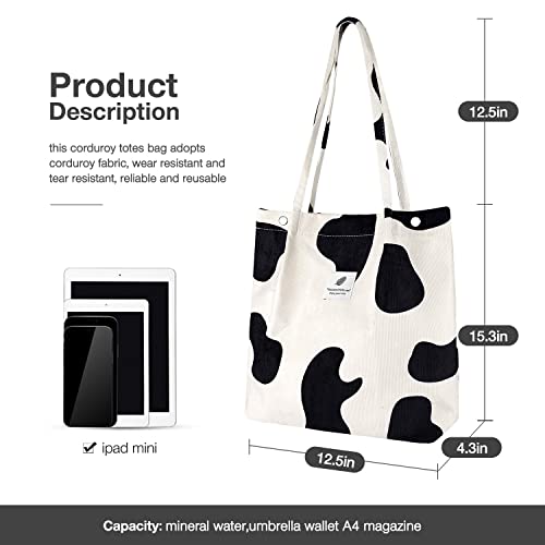 LHMTQVK Corduroy Tote Bags for Women Girls, Large Capacity Corduroy Bag Reusable Grocery Shoulder Bag with Inner Pockets (cow) - Image 2