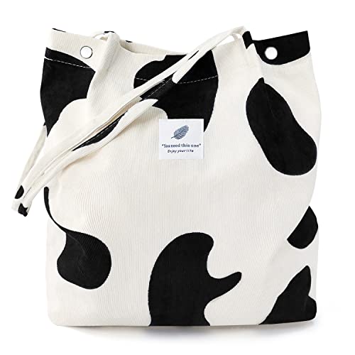 LHMTQVK Corduroy Tote Bags for Women Girls, Large Capacity Corduroy Bag Reusable Grocery Shoulder Bag with Inner Pockets (cow) - Image 1