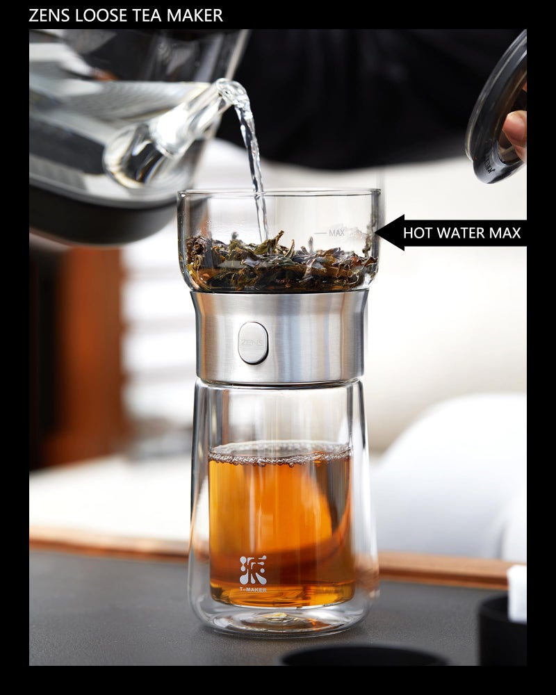 ZENS Modern Glass Tea Infuser Teapot, Smart One Touch Tea Maker for Loose Tea Diffusers with Insulated Mug and Portable Tea Kits, Cool Gongfu Tea Pot for Black Tea Lover Gifts - Image 3