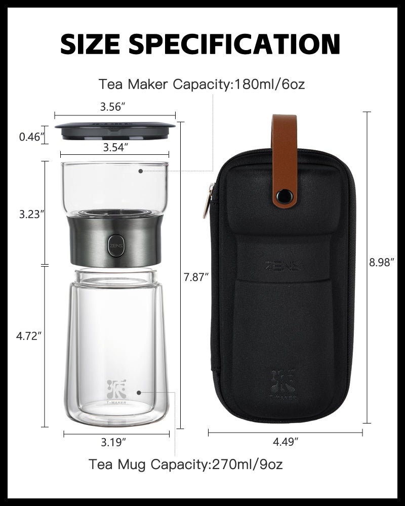 ZENS Modern Glass Tea Infuser Teapot, Smart One Touch Tea Maker for Loose Tea Diffusers with Insulated Mug and Portable Tea Kits, Cool Gongfu Tea Pot for Black Tea Lover Gifts - Image 5