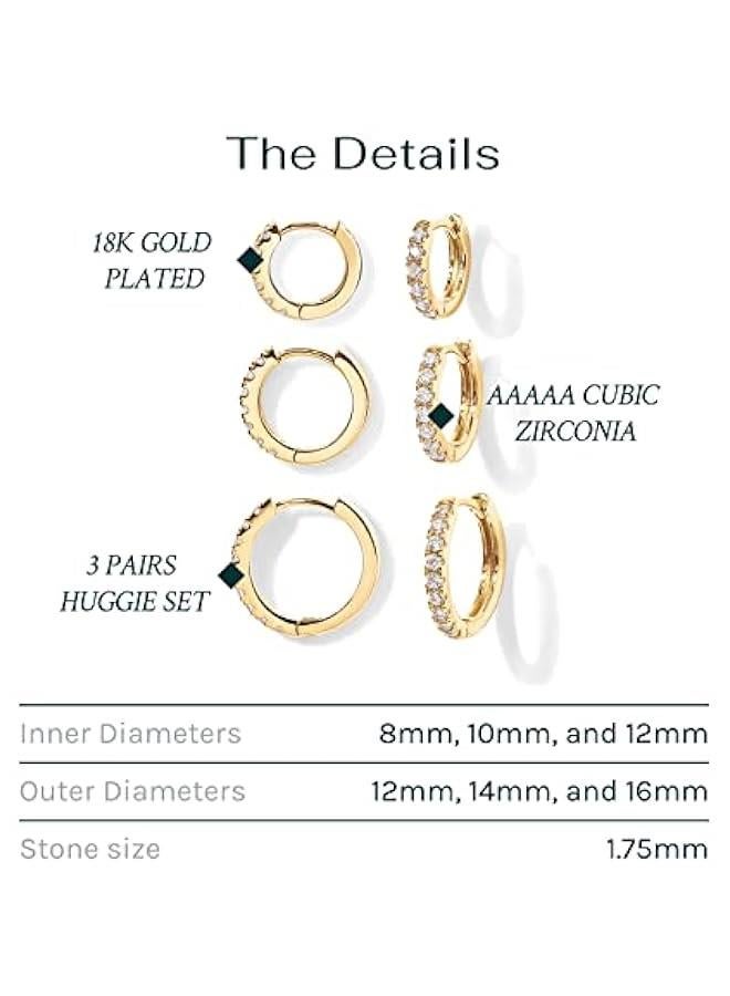 PAVOI 18K Gold Plated 925 Sterling Silver Posts 3 Pairs Hoop Earrings Set for Women | Huggie Earring Pack  - Image 3