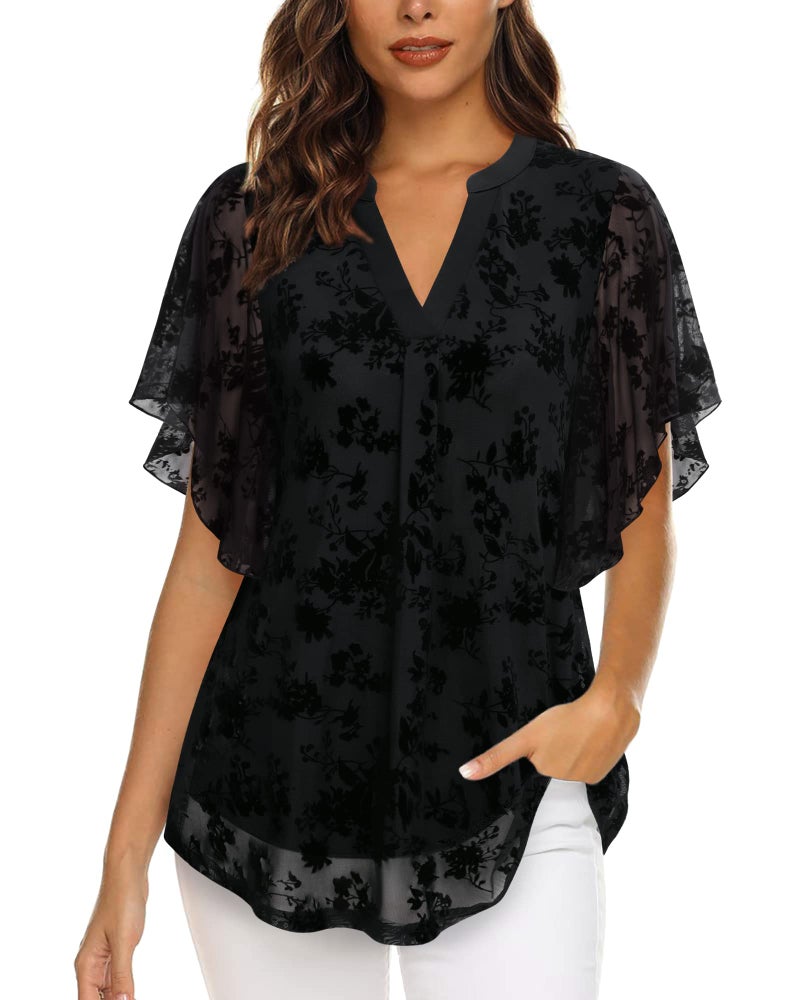 Timeson Blouses for Women Dressy Casual: Black Tunic Tops for Women Short Sleeve Ladies Summer Tops and Blouses 2024 V Neck Dress Shirts for Office Work Business Casual Spring Clothes Black Floral M - Image 2