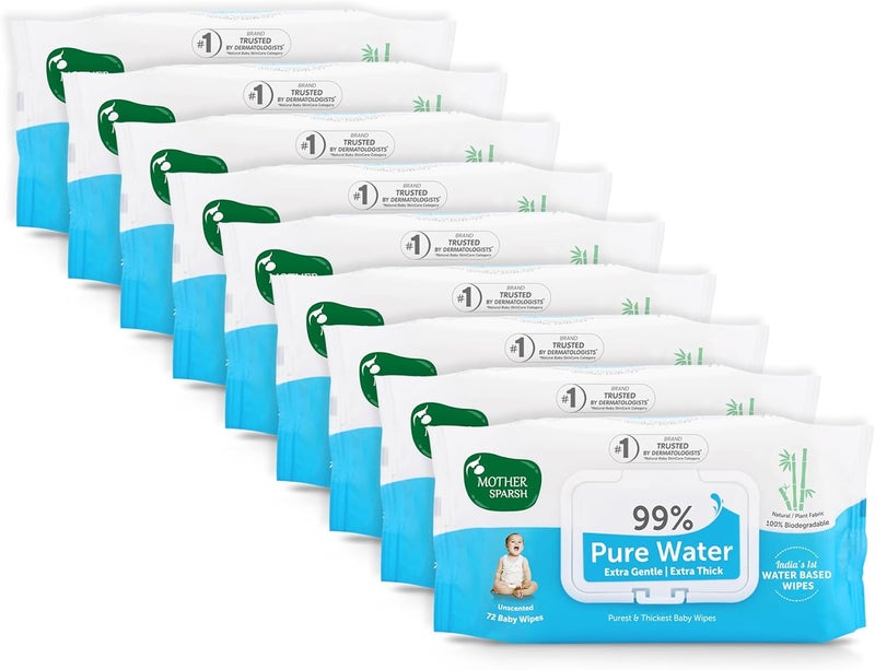 Mother Sparsh 99% Pure Water Unscented Baby Wipes - Super Thick, 72 pcs/Pack, Pack of 9 - Image 1