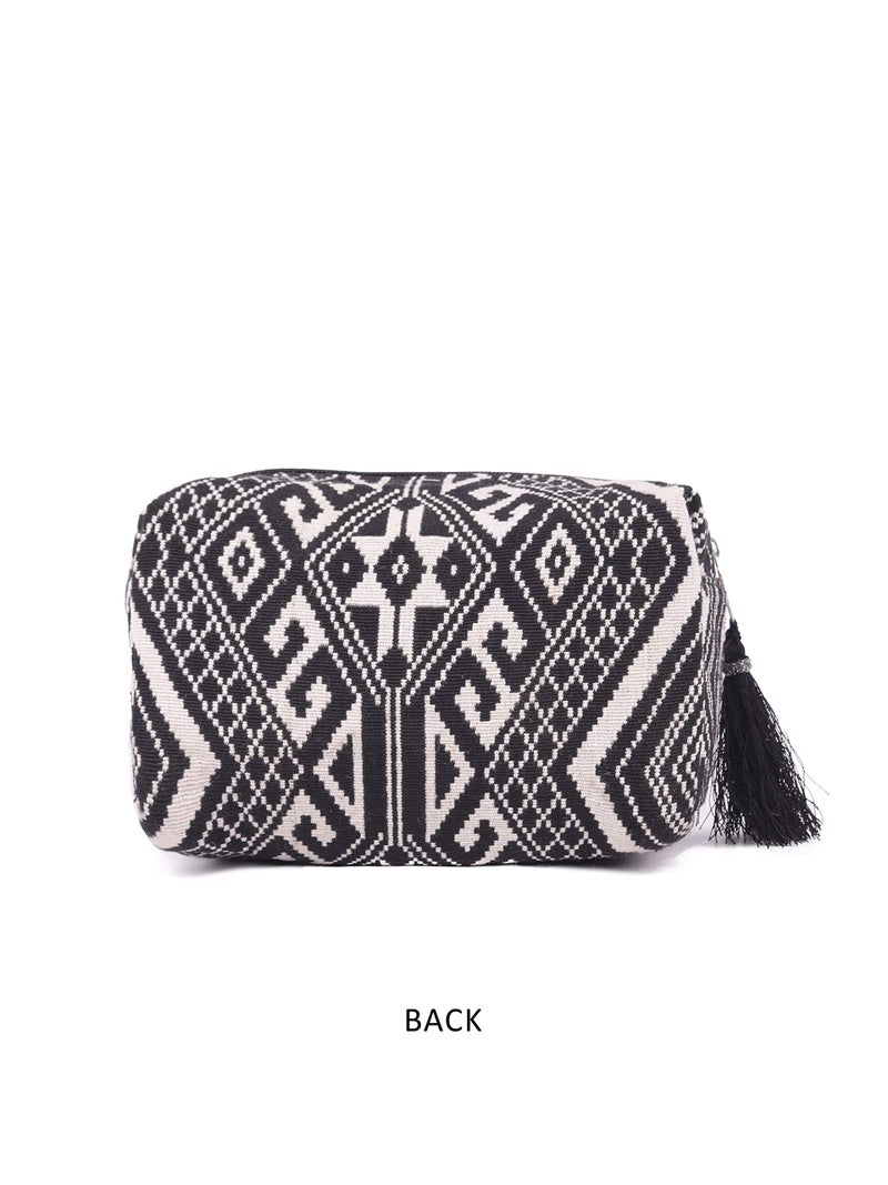 ASTRID Black & White Diamond Pattern Woven Makeup/Travel Pouch with Tassels (Black Textured) - Image 2