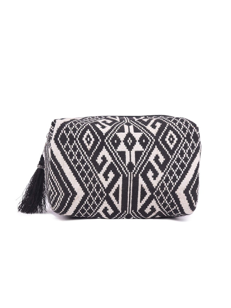 ASTRID Black & White Diamond Pattern Woven Makeup/Travel Pouch with Tassels (Black Textured) - Image 1