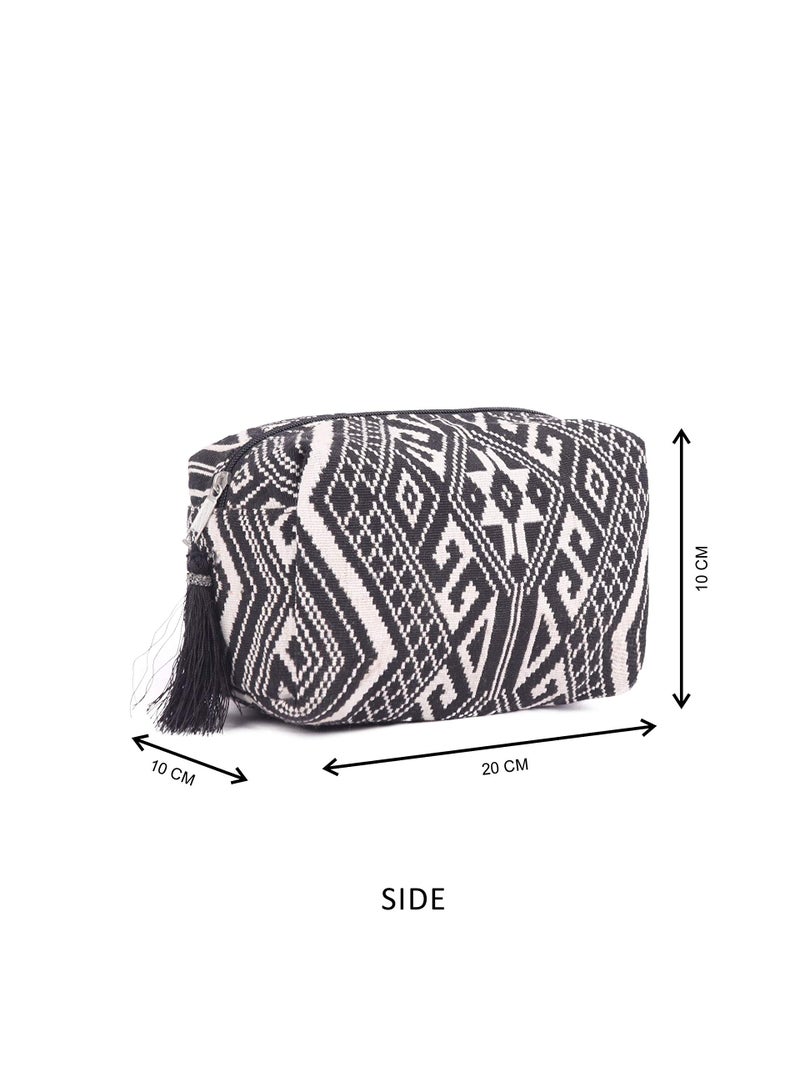 ASTRID Black & White Diamond Pattern Woven Makeup/Travel Pouch with Tassels (Black Textured) - Image 4