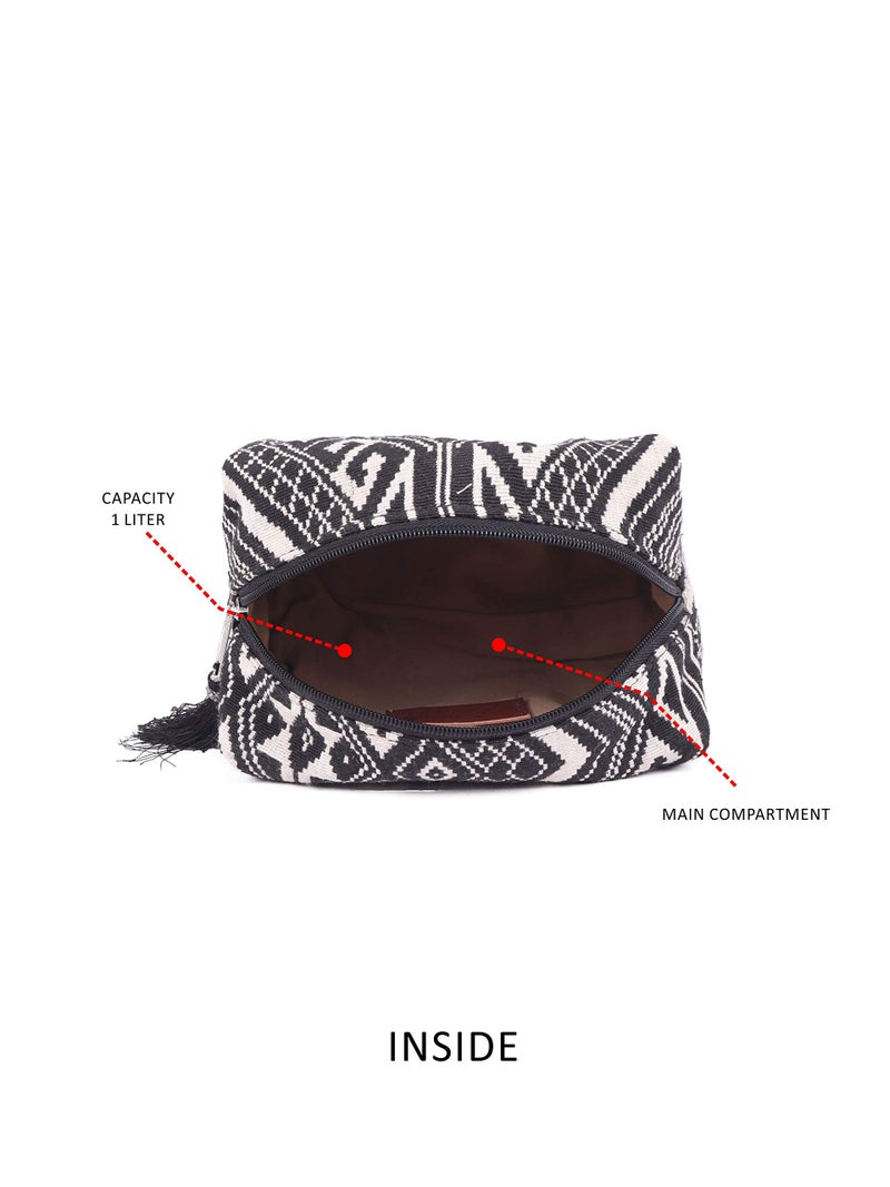 ASTRID Black & White Diamond Pattern Woven Makeup/Travel Pouch with Tassels (Black Textured) - Image 3