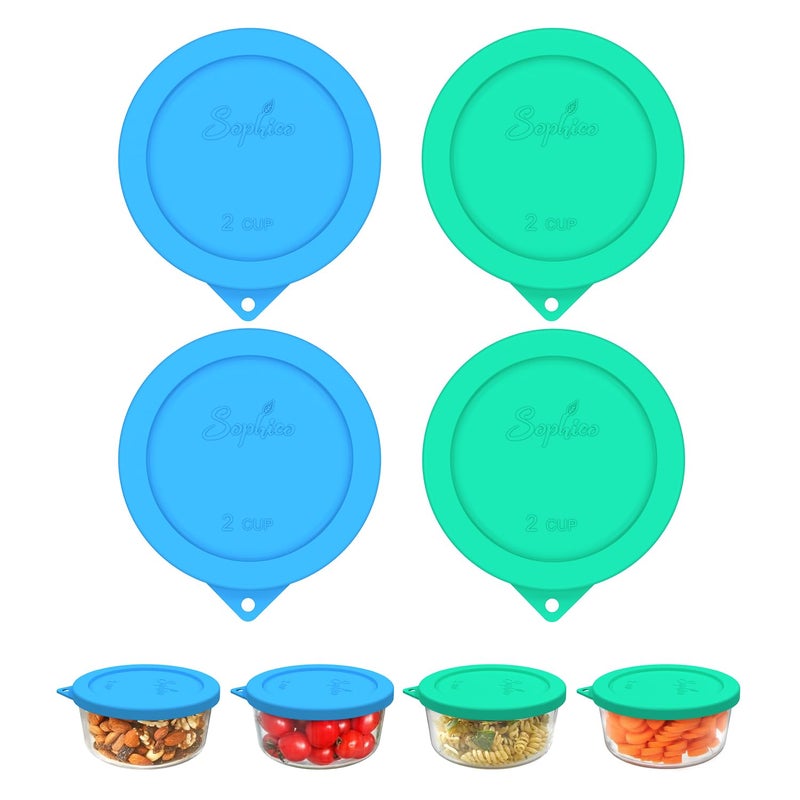 Sophico 2 Cup Round Silicone Storage Cover Lids Replacement for Pyrex 7200PC and Anchor Hocking Glass Bowls Container not Included GreenBlue 4 Pack