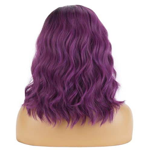 BERON Black Purple 14" Women Girls Short Curly Wavy Wig Ombre Taro Purple Body Wave Halloween Cosplay Daily Party Wigs - Image 4