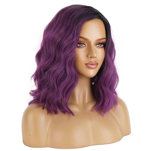 BERON Black Purple 14" Women Girls Short Curly Wavy Wig Ombre Taro Purple Body Wave Halloween Cosplay Daily Party Wigs - Image 2
