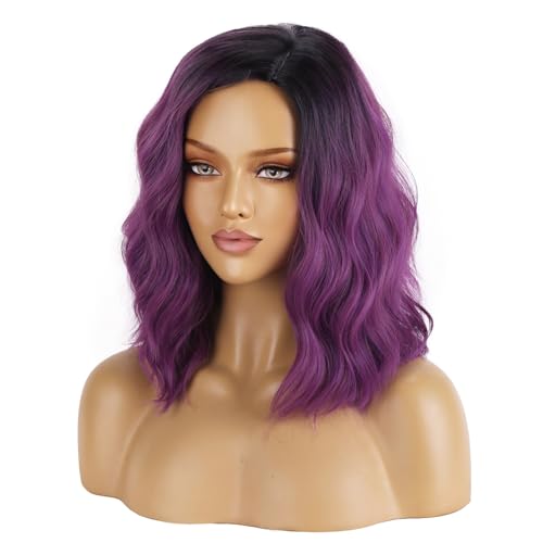 BERON Black Purple 14" Women Girls Short Curly Wavy Wig Ombre Taro Purple Body Wave Halloween Cosplay Daily Party Wigs - Image 3