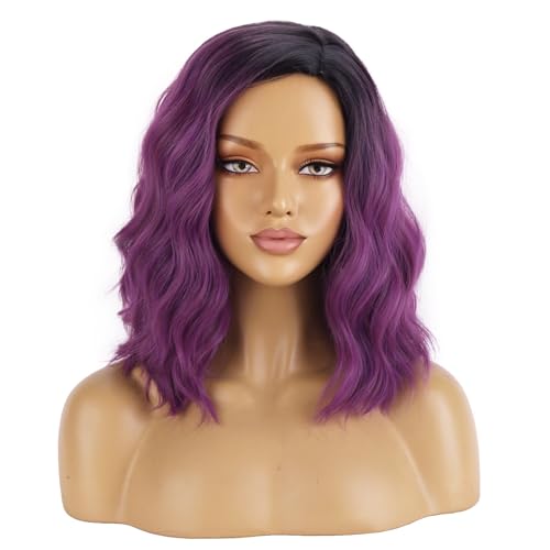 BERON Black Purple 14" Women Girls Short Curly Wavy Wig Ombre Taro Purple Body Wave Halloween Cosplay Daily Party Wigs - Image 1
