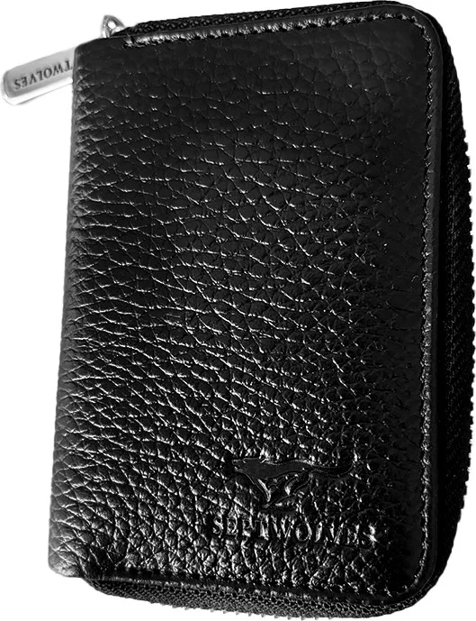 Septwolves Genuine Leather Black Card Holder and Wallet with Metal Zipper