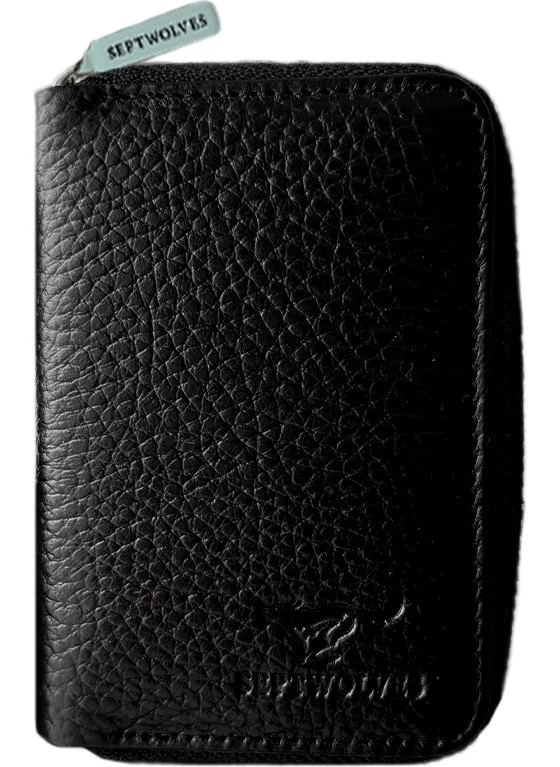 Septwolves Genuine Leather Black Card Holder and Wallet with Metal Zipper