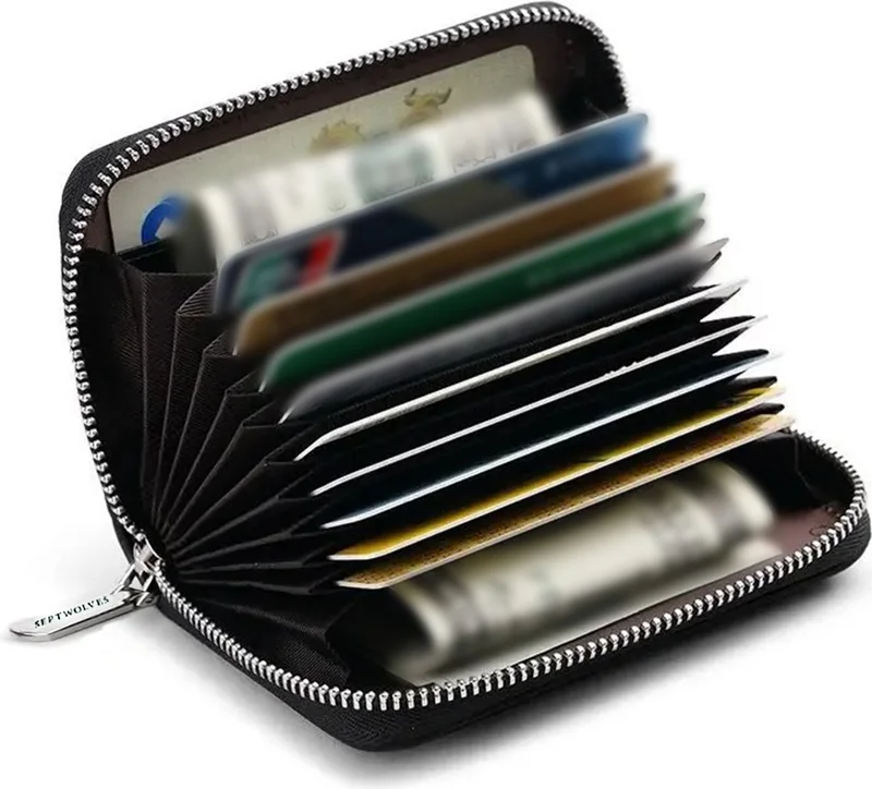 Septwolves Genuine Leather Black Card Holder and Wallet with Metal Zipper