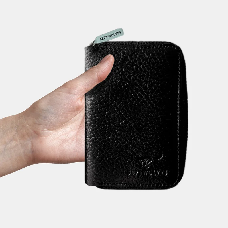 Septwolves Genuine Leather Black Card Holder and Wallet with Metal Zipper