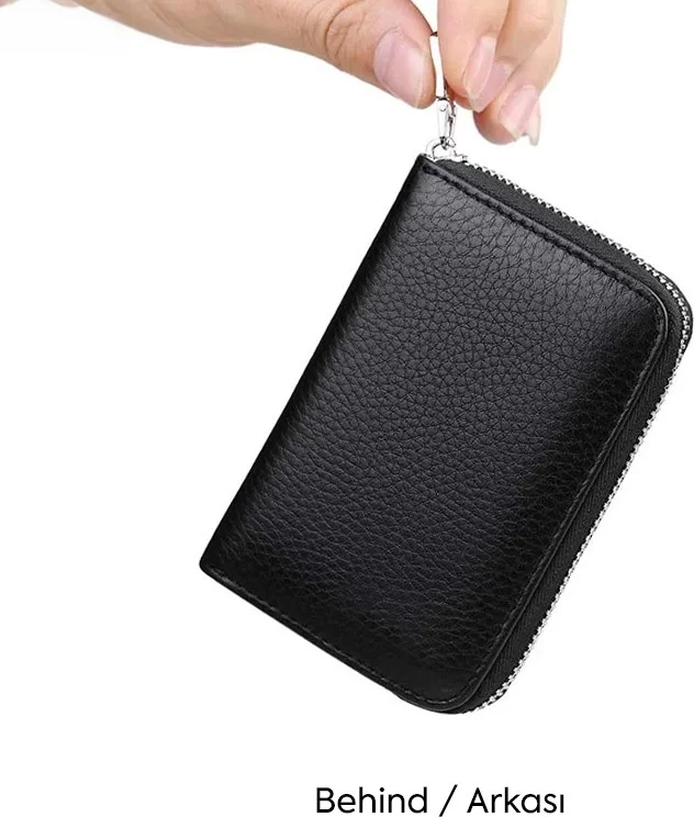 Septwolves Genuine Leather Black Card Holder and Wallet with Metal Zipper