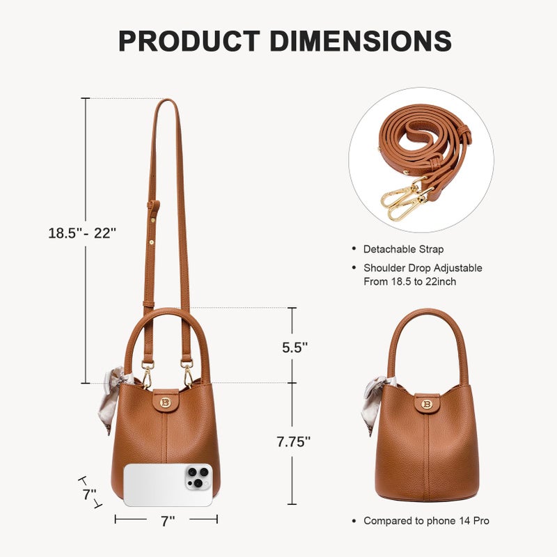 BOSTANTEN Small Crossbody Bags for Women Vegan Leather Mini Bucket Handbag Removable Shoulder Strap Brown - Image 3