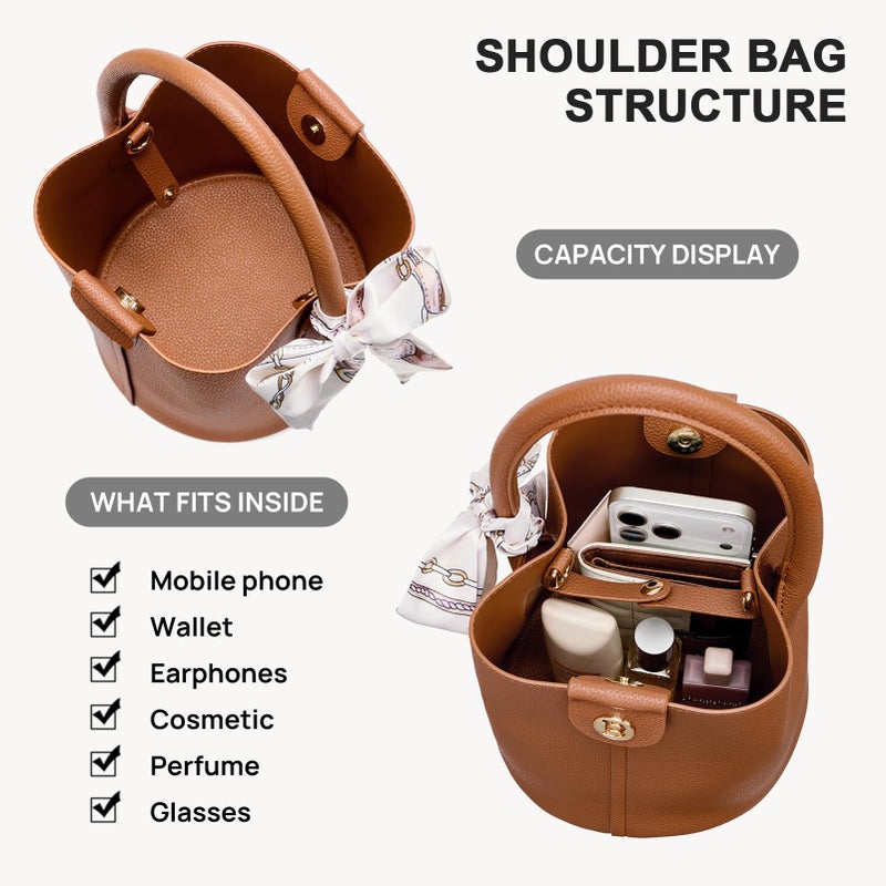 BOSTANTEN Small Crossbody Bags for Women Vegan Leather Mini Bucket Handbag Removable Shoulder Strap Brown - Image 4