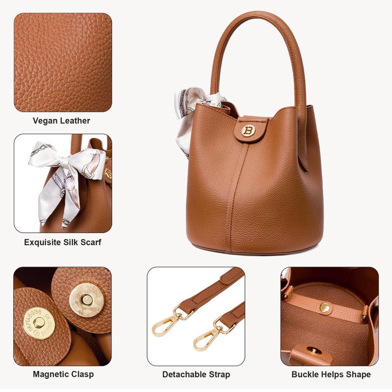 BOSTANTEN Small Crossbody Bags for Women Vegan Leather Mini Bucket Handbag Removable Shoulder Strap Brown - Image 5