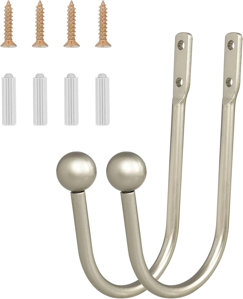 HEMOUR Curtain Holdback, 2 Pcs Wall Mounted Drapery Tiebacks with Screws, Heavy Duty Metal Decorative Window Drapery Holder Curtain Hook, Silver - Image 2