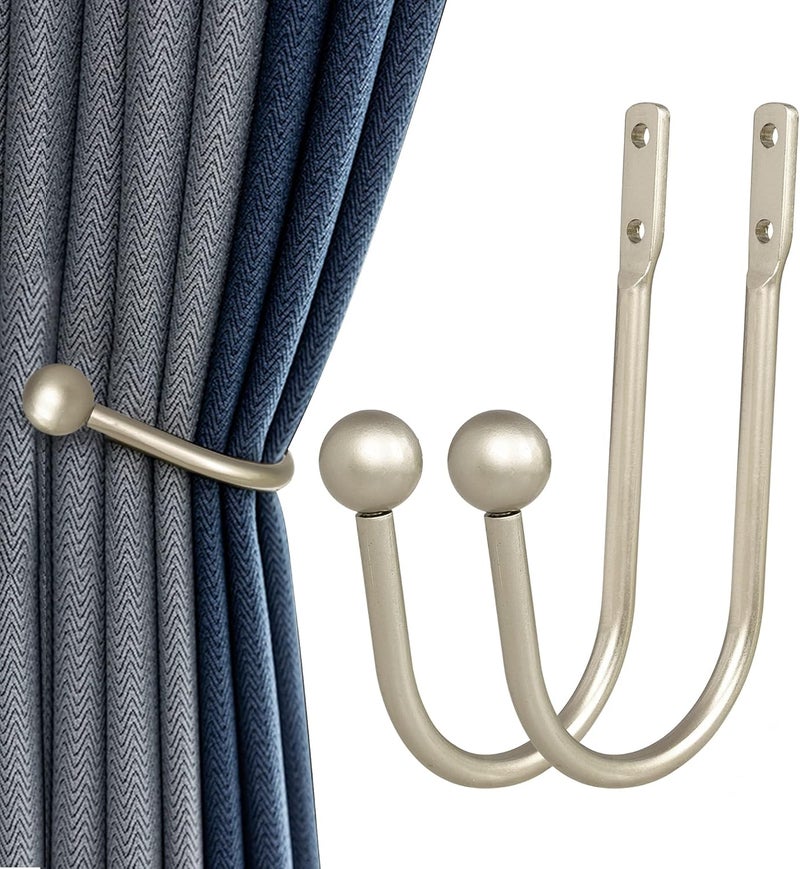 HEMOUR Curtain Holdback, 2 Pcs Wall Mounted Drapery Tiebacks with Screws, Heavy Duty Metal Decorative Window Drapery Holder Curtain Hook, Silver - Image 1