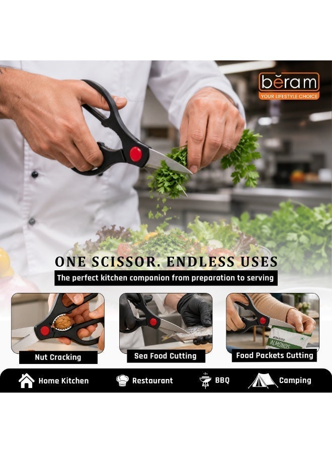 Beram 8Inch Multipurpose Kitchen Scissors with Nutcracker in Black and Red Nob 2CR13 Stainless Steel Blade Ultra Sharp Heavy Duty Shears Home Cooking Daily Cutting Tasks - Image 4