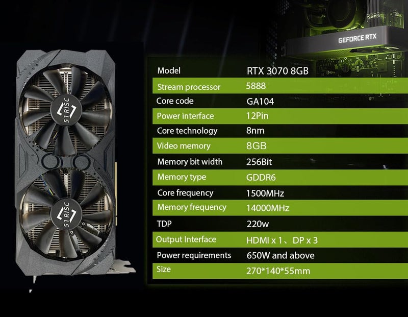 51RISC RTX 3070 Graphics Card, 8GB GDDR6 PCIe 4.0 256-bit HDMI 2.1 DisplayPort 1.4a Dual Fan Cooling Protective Backplate(RTX 3070 8GB - Black) - Image 4
