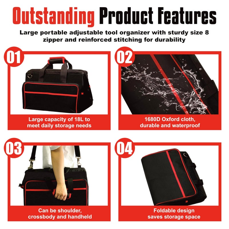 WETT Heavy Duty Tool Bag, 17.3-Inch 30-Pocket Large Portable Adjustable Tool Organizer Storage Bag with Large Zipper for Men, Carrying Toolbag, Electrician Mechanic Construction - Image 4