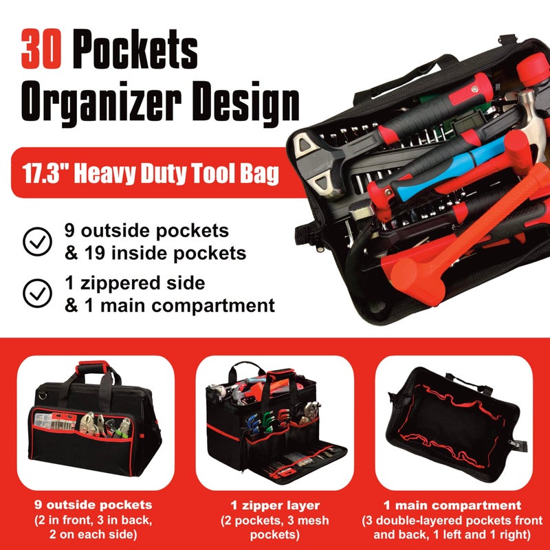 WETT Heavy Duty Tool Bag, 17.3-Inch 30-Pocket Large Portable Adjustable Tool Organizer Storage Bag with Large Zipper for Men, Carrying Toolbag, Electrician Mechanic Construction - Image 2