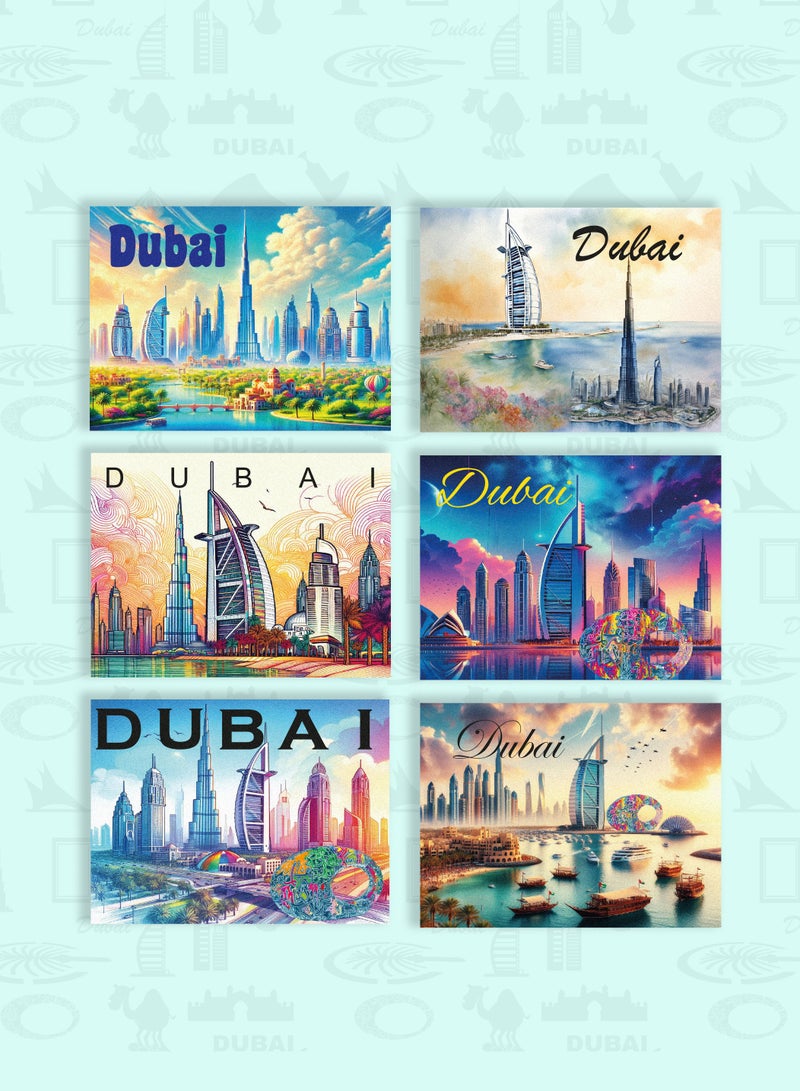 Souvenir Souq Premium Foil Magnets Dubai 6pcs Set made from metallic foil, highlighting Dubai skyline with skyscrapers—great Dubai souvenir or gift. - Image 1