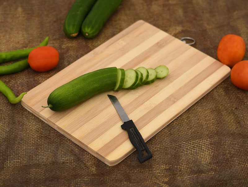 Go Hooked Go Hooked Wooden Bamboo Kitchen Chopping Cutting and Slicing Board with Holder for Fruits Vegetables and Meat Antibacterial Surface with Stainless Steel Handle Wooden Color Pack of 1 32x22 Cm  - Image 1