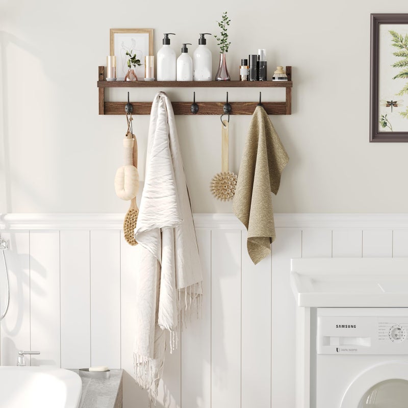 AMBIRD Wall Hooks with Shelf 28.9 Inch Length Entryway Wall Hanging Shelf Wood Coat Hooks for Wall with Shelf Wall-Mounted Coat Hook Rack with 5 Dual Hooks for Bathroom, Living Room, Bedroom (Brown) - Image 4
