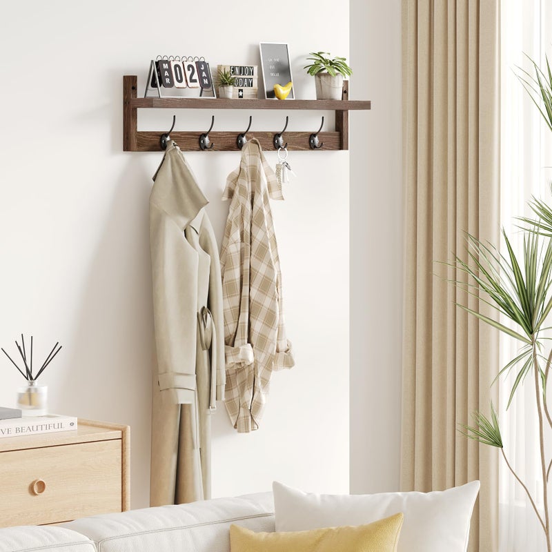 AMBIRD Wall Hooks with Shelf 28.9 Inch Length Entryway Wall Hanging Shelf Wood Coat Hooks for Wall with Shelf Wall-Mounted Coat Hook Rack with 5 Dual Hooks for Bathroom, Living Room, Bedroom (Brown) - Image 2