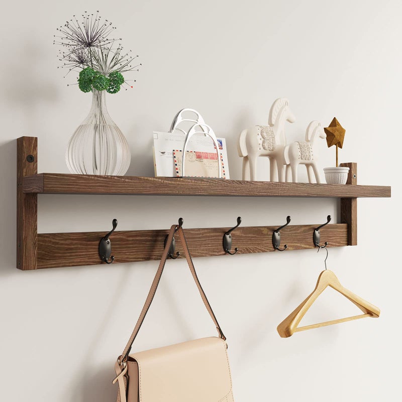 AMBIRD Wall Hooks with Shelf 28.9 Inch Length Entryway Wall Hanging Shelf Wood Coat Hooks for Wall with Shelf Wall-Mounted Coat Hook Rack with 5 Dual Hooks for Bathroom, Living Room, Bedroom (Brown) - Image 1