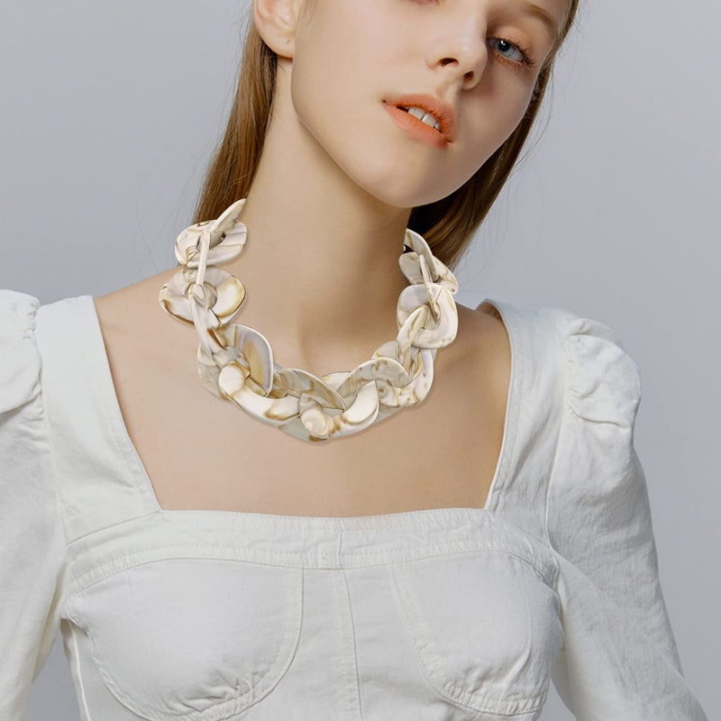 Bocar Statement Chunky Acrylic Cuban Choker Necklace Fashion Bib Collar Chain Necklace for Women(NK-10666-Antique White) - Image 2